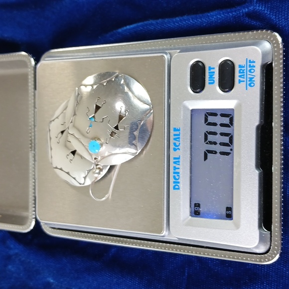 Native American Hook Earrings Sterling Silver Cut Out Figures and Turquoise - Picture 7 of 12